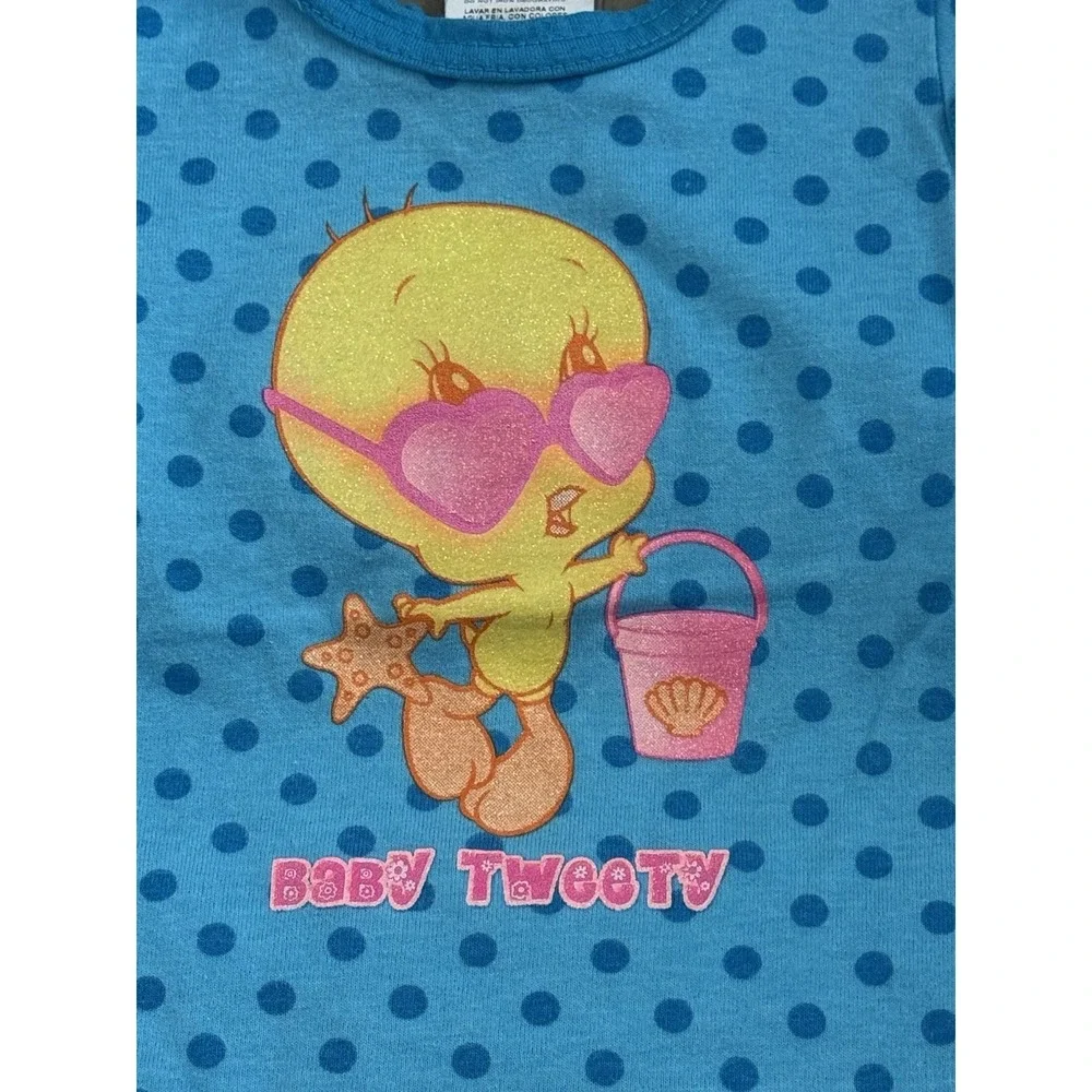 VTG Looney Tunes Baby Tweety Bird Blue Polka Dots Girls SZ 6-9 Mths‎